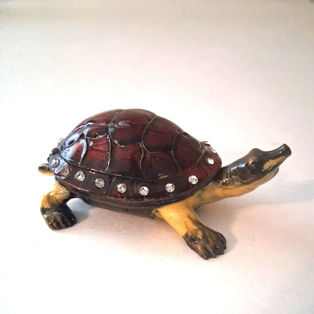 Metal Brass Enameled Turtle Trinket Box with Rhinestones Hinged Shell Lid Nice!
